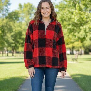 Southern Grace NEW red/black Buffalo Plaid half zip Plush Cozy sweater, sz XL